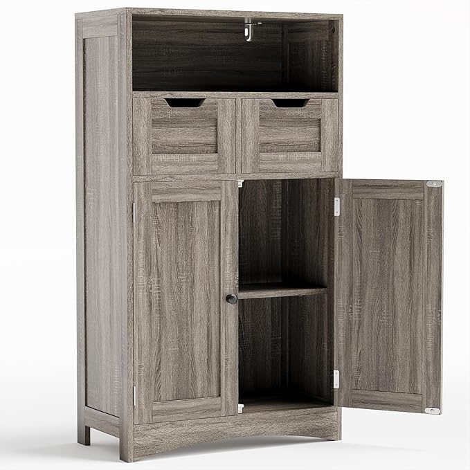 Gizoon Storage Cabinet, Bathroom Cabinet with 2 Drawers and Adjustable Shelves, Freestanding Storage Organizer with Doors for Bathroom, Living Room, Kitchen, Home Office, Hallway
