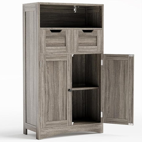 Gizoon Storage Cabinet, Bathroom Cabinet with 2 Drawers and Adjustable Shelves, Freestanding Storage Organizer with Doors for Bathroom, Living Room, Kitchen, Home Office, Hallway
