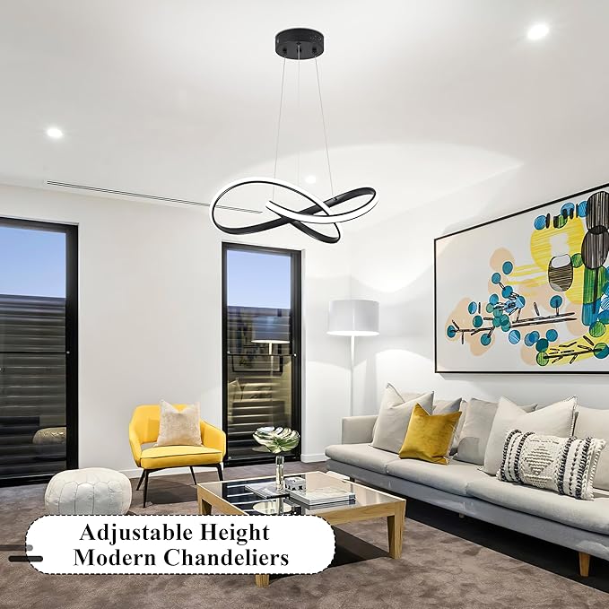 LED Chandelier Modern Pendant Light Contemporary Chandelier Ring Light Fixture Black with 3000K-6000K Dimmable Remote Control and 79in Height Adjustable for Dining Room Bedroom Living Room
