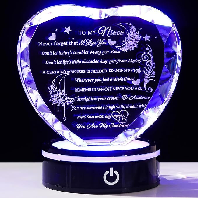 YWHL Niece Gifts from Auntie Uncle Heart Crystal Inspirational Graduation Gift for Niece with Colorful LED Base Unique Niece Gifts from Aunt on Birthday Christmas Valentine Day