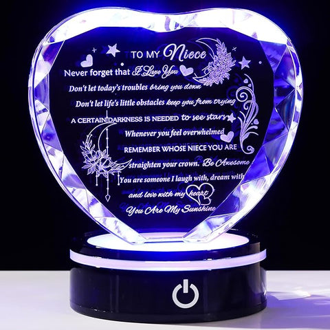 YWHL Niece Gifts from Auntie Uncle Heart Crystal Inspirational Graduation Gift for Niece with Colorful LED Base Unique Niece Gifts from Aunt on Birthday Christmas Valentine Day