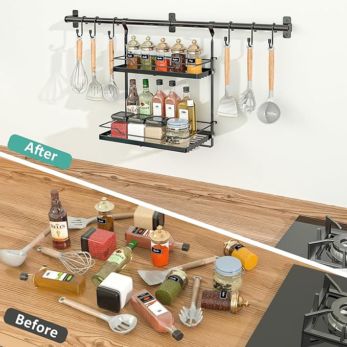 NADAMOO Kitchen Utensil Hanger and Spice Rack with Towel Rack Holder，Wall Mount Space Saving Metal Storage Organizer for Pantry, Countertop, Bathroom