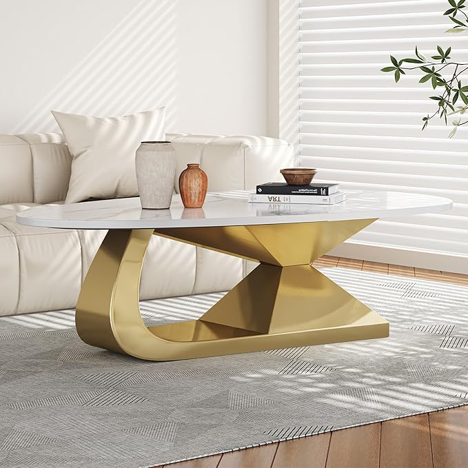 Modern Oval Sintered Stone Coffee Table, 51.2" White and Gold Rectangle Coffee Table with Faux Marble Top & Golden Geometric Stainless Steel Base, Rectangle Tea Center Table for Living Room