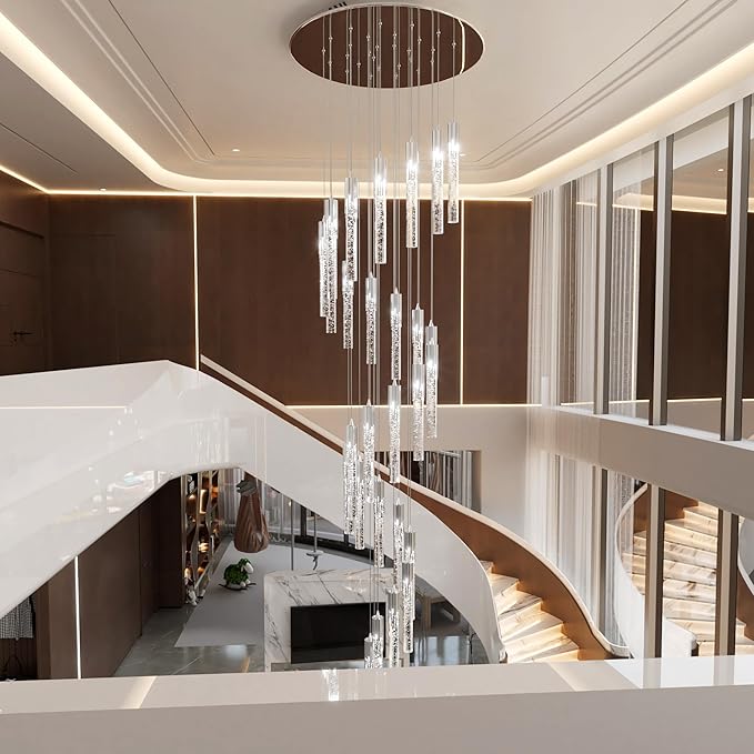 Flashing God H150 High Ceiling Chandelier 36-Lights Chrome Chandeliers for Entryway Crystal Drop Light Large Long Staircase Chandelier Light Fixture for Foyer Hallway Living Room