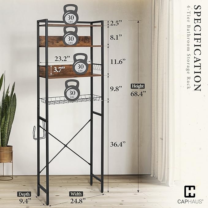 CAPHAUS Over The Toilet Storage, 4-Tier Bathroom Organizer, Freestanding Toilet Shelf, Multifunctional Space Saver Toilet Rack with 4 Hooks, Laundry Organizer, Plant Stand for Balcony (Rustic Oak)