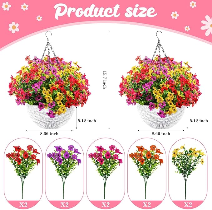 Lyrow 2 Pcs Artificial Hanging Flowers with Fake Basket Outdoor Realistic Hanging Plants with 12 Inch Coconut Lining Basket for Patio Lawn Garden Porch Decor(Bright)