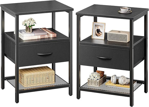 Huuger Nightstand Set of 2, Night Stand with Fabric Drawer, Mesh Shelf, Side Table with Storage, Fabric Drawer Dresser, Open Shelf, Metal Frame, Bedroom, Black