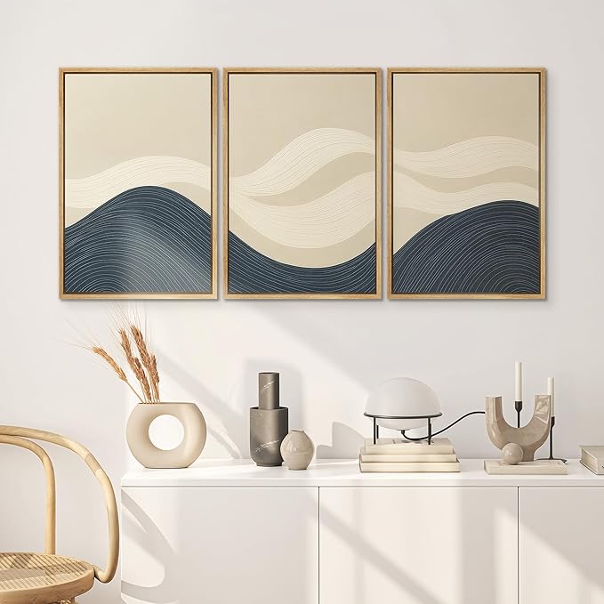 SIGNWIN Framed Wall Art Print Set Minimalist Blue and Beige Wave Modern Abstract Photography Modern Art Minimalist Closeup Dramatic for Living Room, Bedroom, Offic - 24"x36"x3 NATURAL