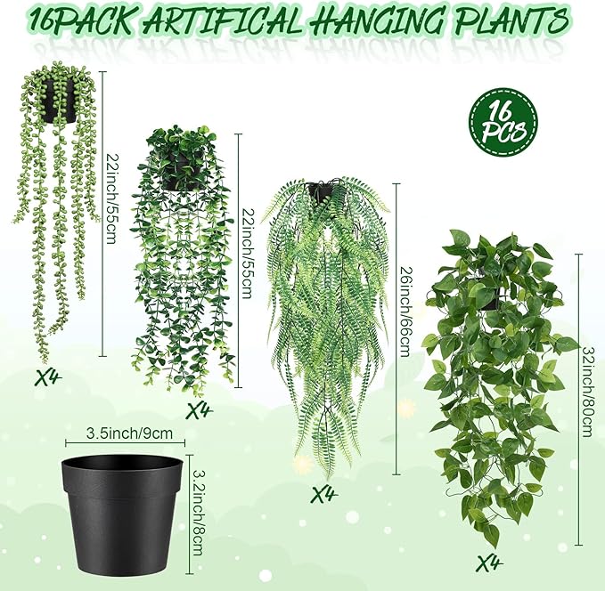 Jexine 16 Pcs Artificial Hanging Plants with Pot Fake Potted Plants Greenery Plastic Faux Eucalyptus Vine Wall Decor for Home Room Office Indoor Outdoor Shelf Patio Garden Decor