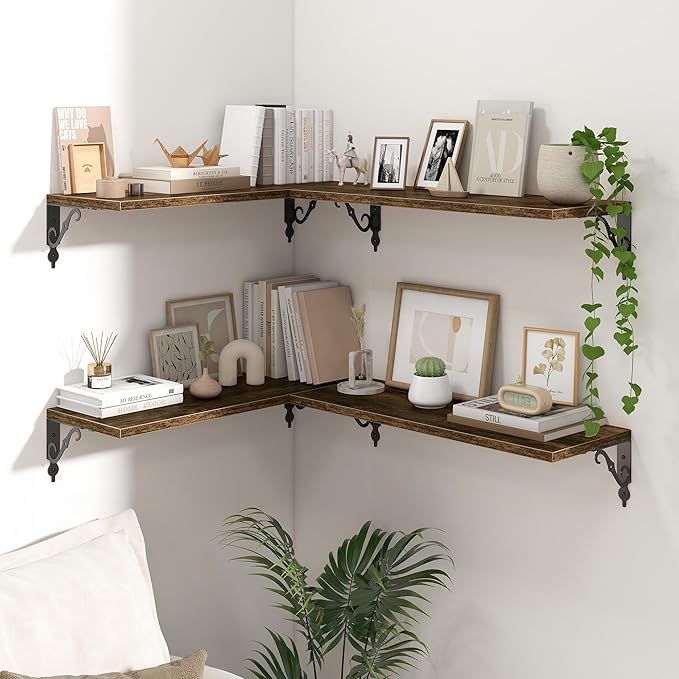 Floating Shelves for Wall, 24"W x 8"D Wall Shelves, 8 Inch Deep Floating Shelf with Bracket, 24 Inch Floating Shelves for Living Room and Bathroom, Display & Storage Shelves, Rustic Brown, Set of 2