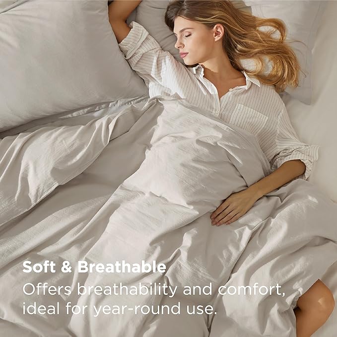 Bedsure 100% Stone Washed Cotton Duvet Cover King Size - Oatmeal Minimalist Cotton Duvet Cover Linen Like for All Seasons - GentleSoft™ Plain Simple Bedding, 3 Pieces (Oatmeal, King, 104"x90")
