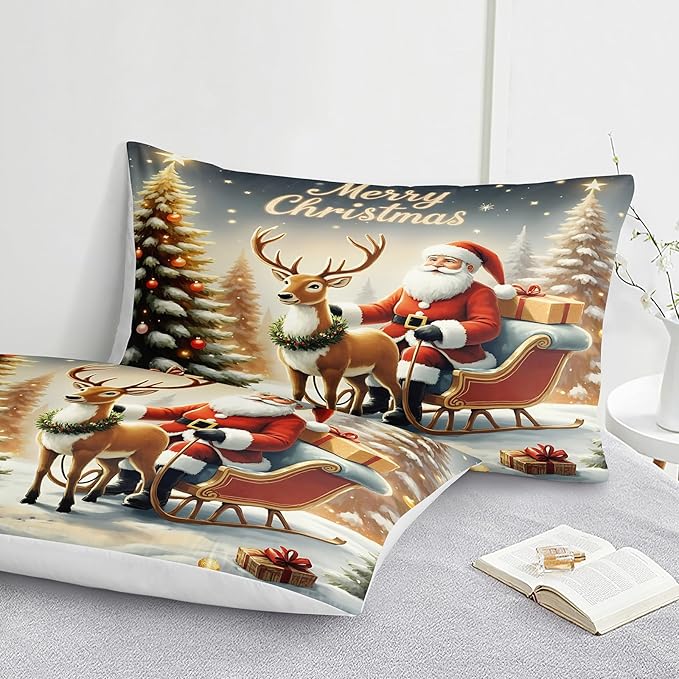 Bedorm Merry Christmas Comforter Set Queen Santa Claus Bedding White Snowflake Cute Deer Snowman Pattern Happy Holiday Christmas Tree Gift Quilt Comforter