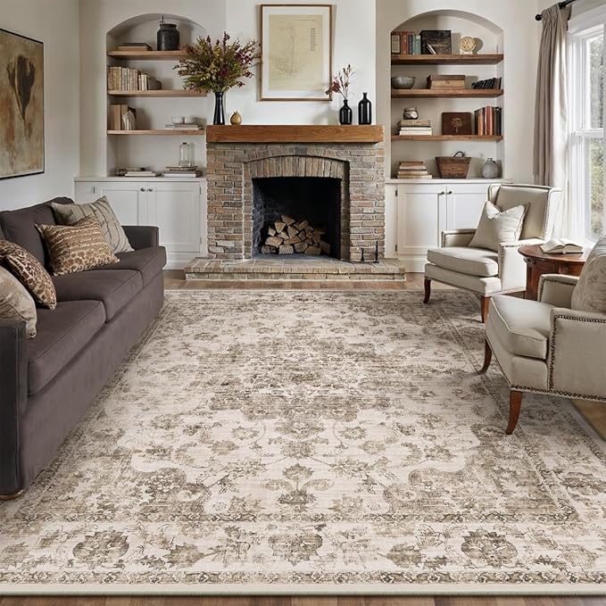 10x14 Neutral Area Rug Brown Floral Living Room Bedroom Large Carpet Non-Slip Low Pile Vintage Soft Thin Washable Throw Rug for Dining Room Office Kitchen Indoor Nursery
