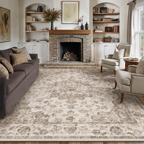 10x14 Neutral Area Rug Brown Floral Living Room Bedroom Large Carpet Non-Slip Low Pile Vintage Soft Thin Washable Throw Rug for Dining Room Office Kitchen Indoor Nursery