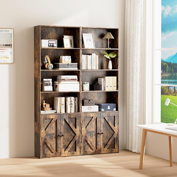 Tall Wooden Bookshelf with Cabinet and Doors,Vintage Brown Bookcase for Bedroom, Living Room, or Home Office Storage,6 Shelves for Heavy Books & Organization