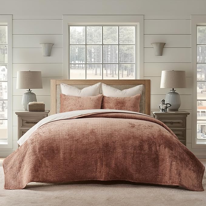 EVERGRACE Velvet Quilt Set King Size, Luxurious Soft Quilted Bedding Sets, Lightweight Velvet Comforter for All Season, Striped Channel Bedspread Coverlet with 2 Shams, Terracotta Clay