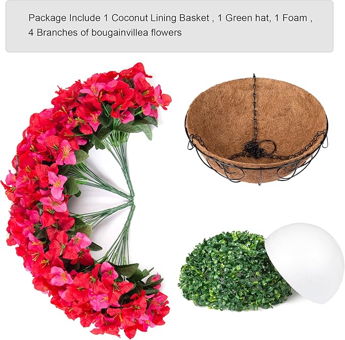Artificial Fake Hanging Flower Plants Basket for Outdoors Decoration, Faux Silk Bougainvillea Flowers in Planter Look Real UV Resistant Faux Flower for Outside Porch Patio Garden Home Decor