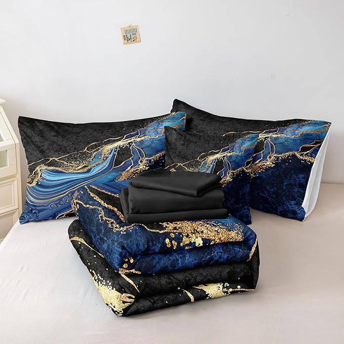 Black Gold Bedding Blue Marble Comforter Set 8 Pieces King Bed in a Bag with 1 Black and Blue Comforter, 1Flat Sheet, 1 Fitted Sheet, 4 Pillowcases, 1 Marble Cushion Cover