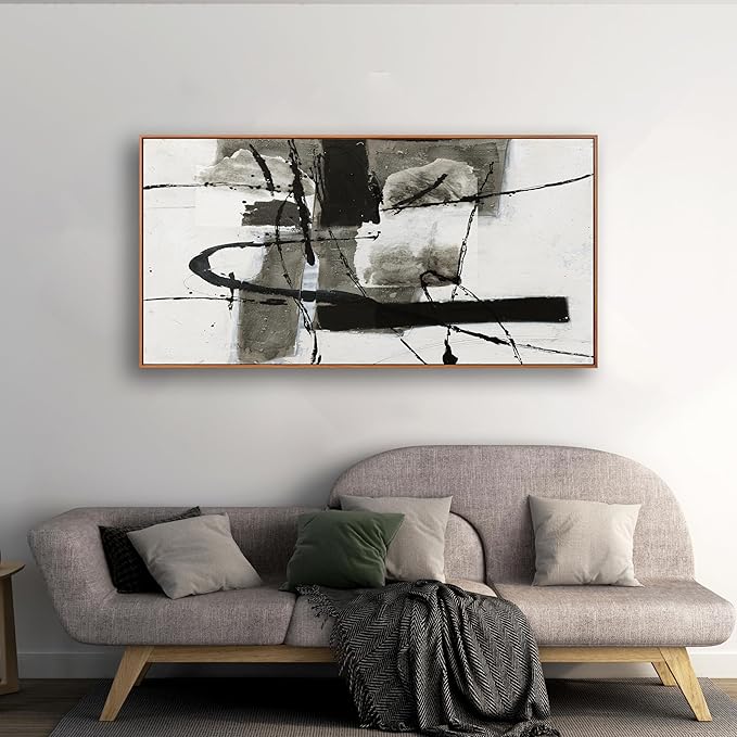 Modern Maximalist Abstract Wall Art - Black and White Irregular Graffiti Framed Canvas Decor for Living Room, Bedroom, Office - 20"x40"