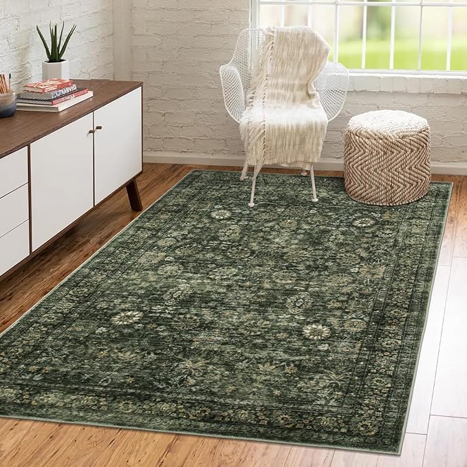 Morebes Vintage Throw Rugs, 3x5 Washable Rug Non Slip, Soft Area Rug for Bedroom,Distressed Non-Shedding Floral Rug for Entryway Bathroom Kitchen Foyer Bedside Playroom,Dark Green