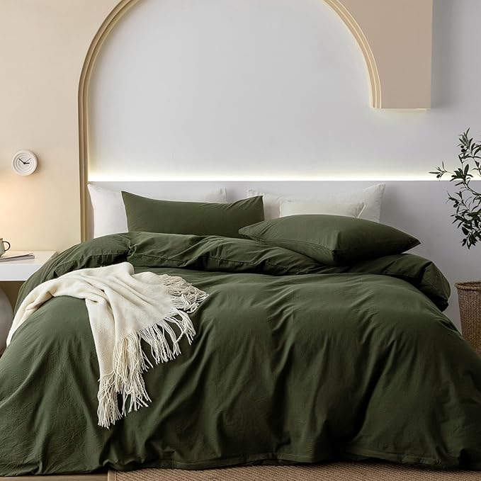 JIYUAN 100% Washed Cotton Duvet Cover Set 3 Pieces Oversized King, 1 Duvet Cover 120x98 Inches(Comforter Not Included) and 2 Pillowcases,Linen Feel Bedding Set Comfy and Breathable,Olive Green