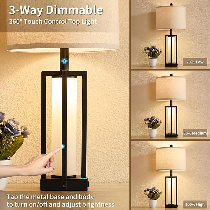 26.6" Farmhouse Table Lamps Set of 2, 3 Way Dimmable Touch Lamps, Modern Nightstand Bedside Lamps with Dual Light Control, USB A+C Ports & AC Outlet, Built-in Night Light for Bedroom End Table