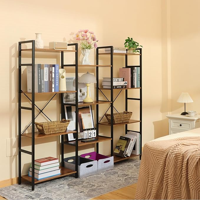 Triple 4 Tier Bookshelf, Tall Book Shelf with 11 Open Display Shelves, Adjustable Industrial Bookcase in Living Room, Bedroom, Wide Metal Bookshelf Book Case for Home & Office, Rustic Brown