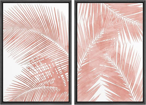 SIGNWIN Framed Canvas Print Wall Art Set Tropical Red Pastel Palm Leaf Plants Nature Wilderness Illustrations Modern Art Decorative Rustic Chic for Living Room, Bedroom, Office - 24"x36"x2 Black