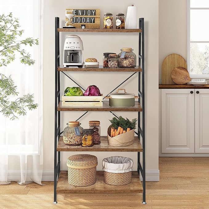 5 Tier Ladder Bookshelf, Heavy Duty Rustic Brown Wood and Metal Bookcase with 1.2" Thick Shelves, 63" H x 30" W x 14" D, Industrial Open Storage Shelving for Living Room, Bedroom, Kitchen