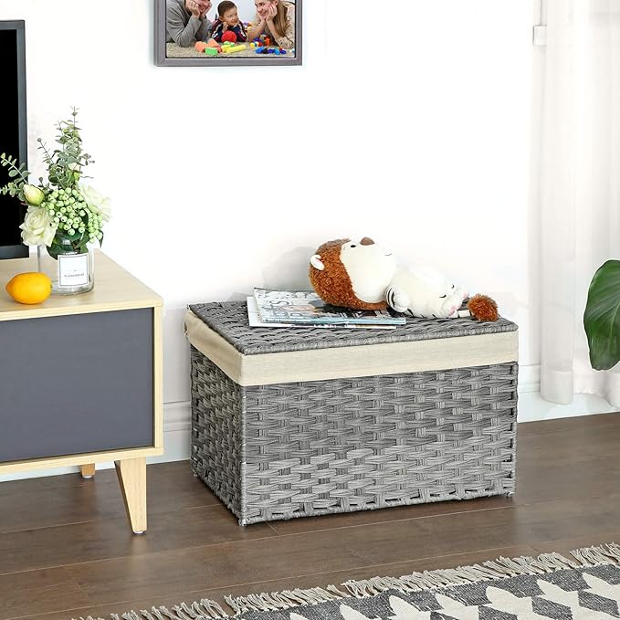 SONGMICS Storage Basket with Lid, 17.2 Gallon (65L) Storage Bin, Woven Blanket Storage Basket with Handles, Foldable, Removable Liner, Metal Frame, for Bedroom, Laundry Room, Gray URST56WG