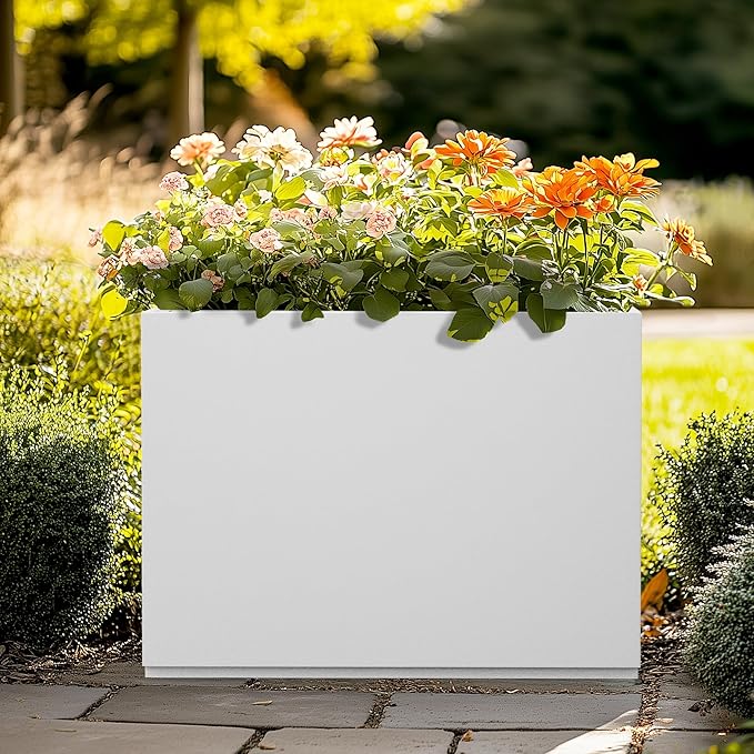 Large Rectangle Planter Metal White Planter Box with a Drainage Hole and a Removable Divider Indoor Outdoor Porch Pots for Tall Plants, Trees, Flowers 35.43" x 9.06" x 25.59" White