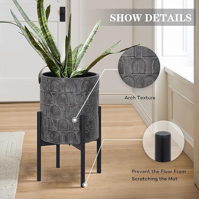 Oakrain Planters for Indoor Plants, Set of 2 Modern Planter with Stand, Decorative Metal Planter Pots for Living Room, Office, Garden, Balcony, 8"&10", Paint Black