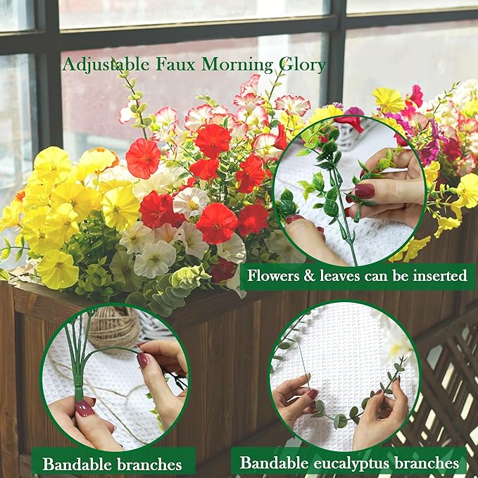 Artificial Outdoor Flowers Fake Plants for Spring Summer Decoration 20 Bundles Silk Morning Glory + 6 Eucalyptus Stems UV Resistant Colorful Faux Flowers for Outside Planter Porch Yard Patio Balcony