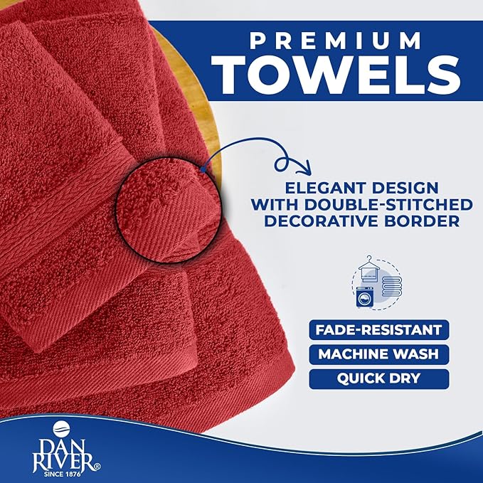 DAN RIVER 8 PC Luxury Bath Towels for Bathroom, 2 Bath, 2 Hand, and 4 Wash Cloths, 600 GSM 100% Ring Spun Cotton Towel Set, Highly Absorbent, Gym, Hotel, and Spa, Red