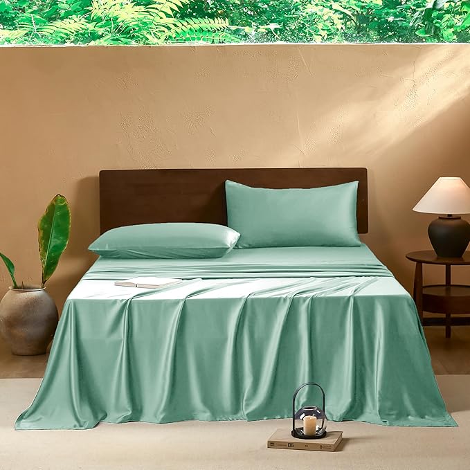 EVERLY King Sheets Set,Luxuriously 400 Thread Count Organic Viscose Derived from Bamboo Bed Sheet,Cooling Sheets for King Size 4 Piece Deep Pockets Bedding Sheets &Pillowcases-Water Green