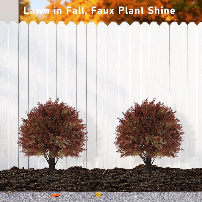 24" Fall Cedar Topiary Trees Artificial Outdoor, Set of 2 Faux Bushes and Shrubs with Ground Spike, UV Resistant Realistic Large Fake Ball Plants for Front Porch Outside Planters Backyard Decor