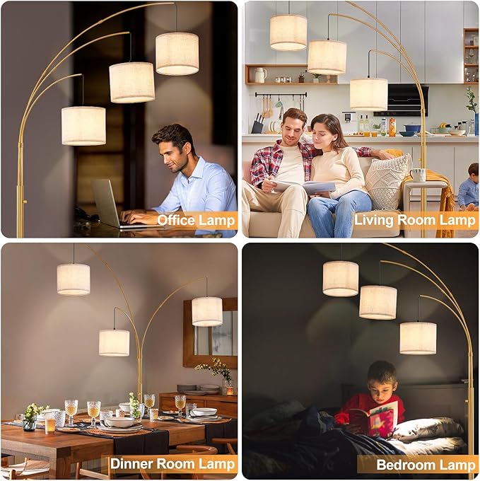 DLLT Modern Floor Lamp for Room: 3-Light Gold Tree Dimmable Floor Lamps with Beige Shades for Living Room - Arc Standing Lamp for Bedroom - Tall Floor Lamp for Office Corner 3 LED Bulbs Included