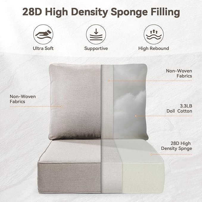 Luxury 6" Outdoor Cushions for Patio Furniture, 24x24x6 Thick Seat Cushion Set of 5, Fade Resistant Couch Chair Replacement Cushions High Density Deep Wicker Chair Cushion w/Removable Cover, Beige