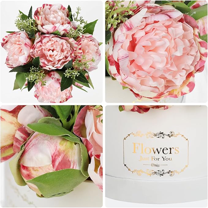 Hollyone Pink Peonies Artificial Flowers in Vase Round Gift Boxes with Fake Flowers Arrangements Faux Flowers Floral in Box Vase for Her Mothers' Day Valentine's Day Christmas Birthday Graduation Gift