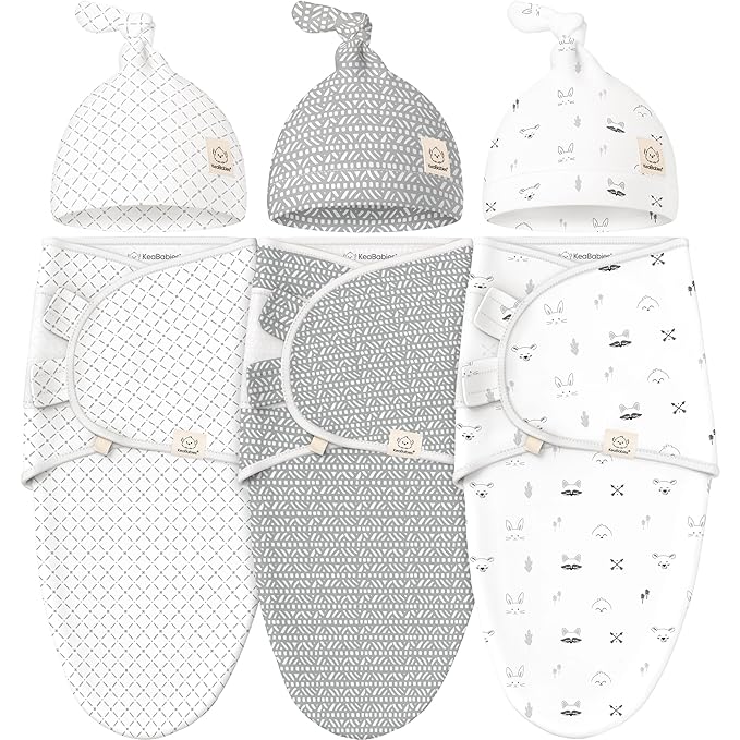 KeaBabies 3-Pack Swaddles for Newborns, Girls, Boys with Hats - Organic Soft Baby Sleep Sacks, Breathable Baby Swaddle 3-6 Months Beanies Set, Premie Infant Sleep Sack 0-3 Months (Nordic)