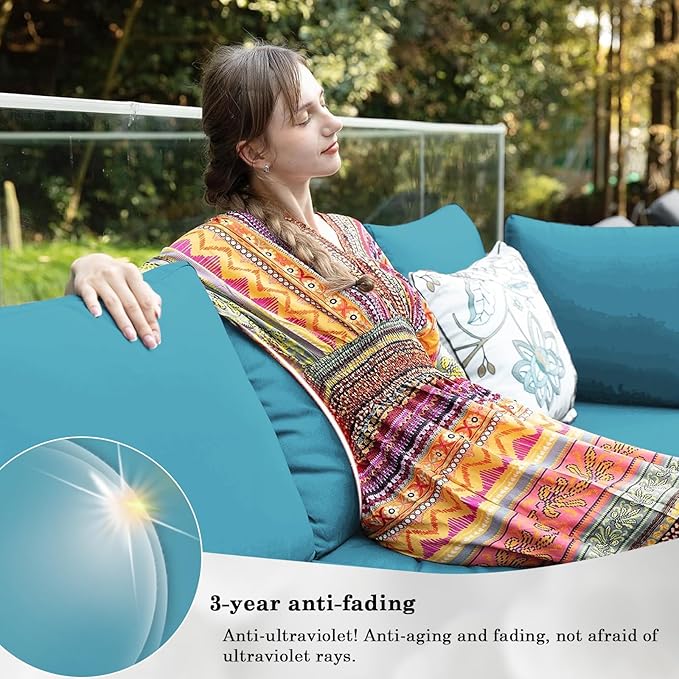 Outdoor Furniture Replacement Cushions, 14 Pcs Water-Resistant Replacement Sofa Cushion for Patio Garden Porch (Liner&Cover,Only Cushions No Sofa) (Lake Blue)