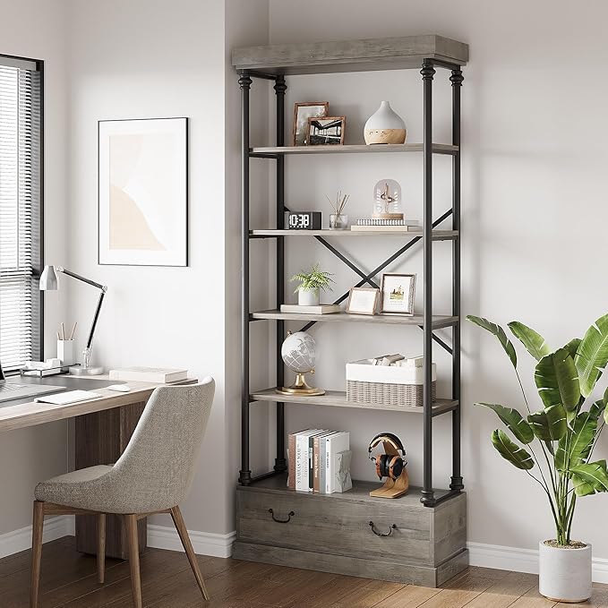 GarveeHome 81.3" Bookshelf with Storage Drawer, Tall Bookcase w/Metal Frame, 5 Tier Vintage Bookshelf Industry Display Storage Shelf for Office Living Room Library Bedroom