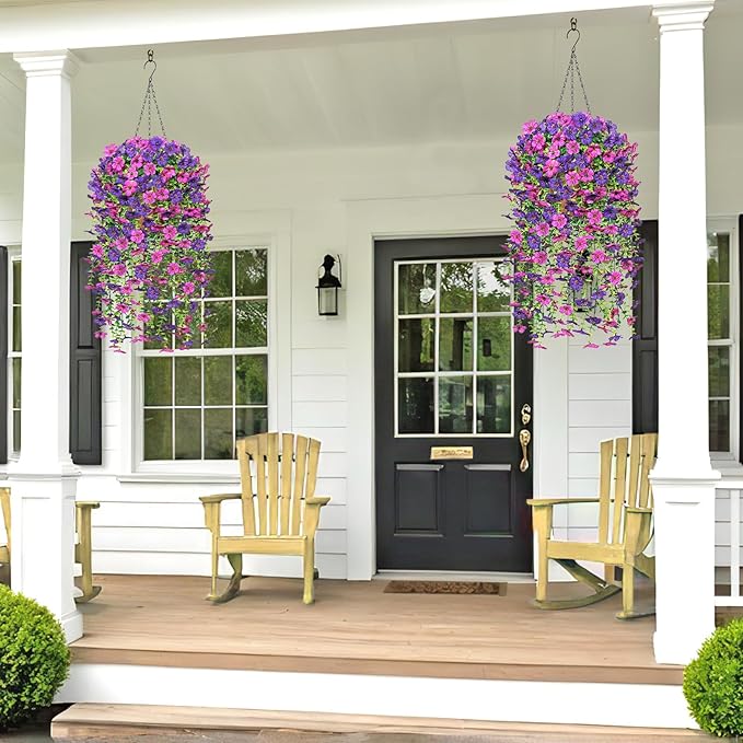 Dremisland 2 Set Artificial Hanging Baskets Outdoor Multicolored Silk Flower Plants Fake Flowers DIY Chain Hanging Basket Daisy Faux Flowers with Pot for Porch Garden Balcony Patio Summer Decor