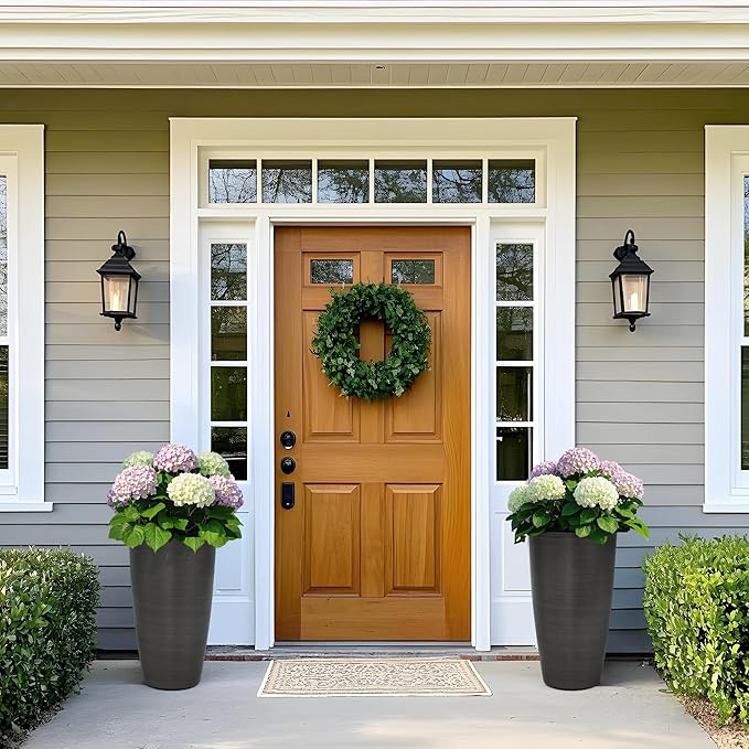 22.8" Large Tall Pot Planters, Set of 2 Modern Flower Pots with Handmade Brushed Metal Finish, Weather-Resistant for Indoor/Outdoor Year-Round Use