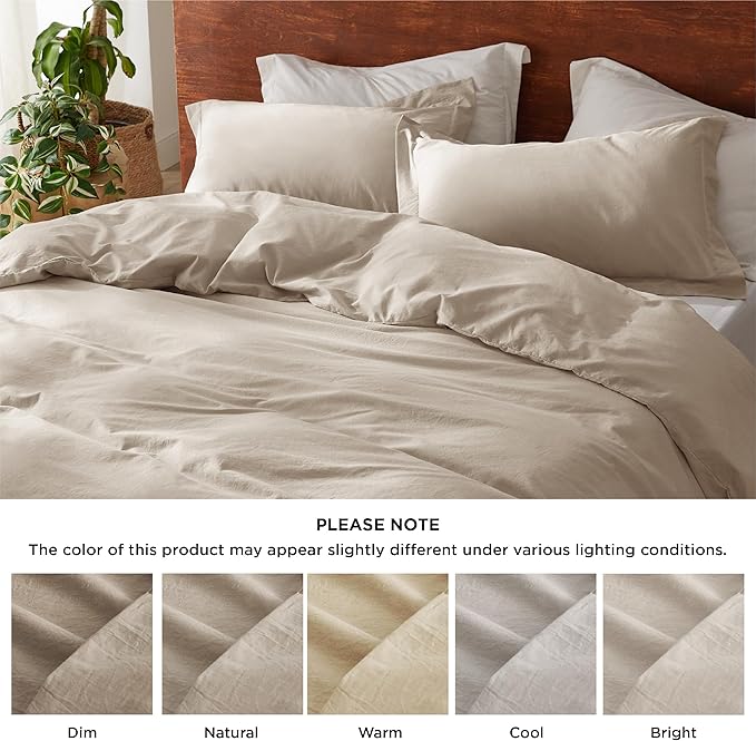 Bedsure 100% Washed Cotton Duvet Cover Oversized King - Greige Minimalist Cotton Duvet Cover Linen Like for All Seasons - GentleSoft™ Plain Simple Bedding, 3 Pieces (Greige, Oversized King, 120"x98")