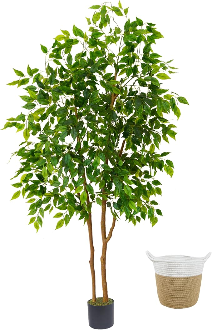 Artificial Ficus Tree, 6ft Tall Fake Ficus Tree with Basket, Faux Plant for Indoor Outdoor Home Livingroom Office Garden Porch Décor