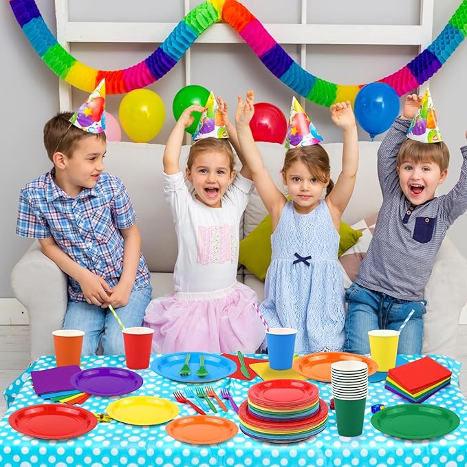 Durony 504-Piece Party Tableware Set - Rainbow Disposable Serves 72 Guests - 7" & 9" Paper Plates, 9oz Cups, Napkins, Plastic Cutlery, Decorations, Neon Supplies