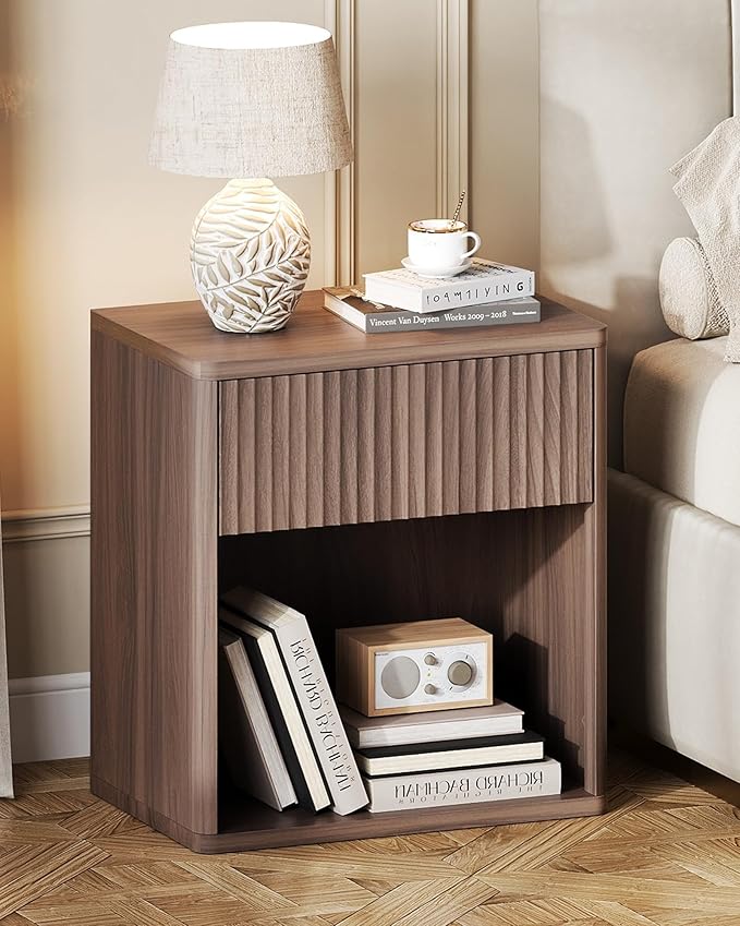 WLIVE Night Stand, Wood Nightstand with Storage Drawer and Open Shelf, Fluted Bedroom Nighstand, Mid Century Bed Side Table, End Tables Living Room, Dorm, Home Office, Carrocci Brown