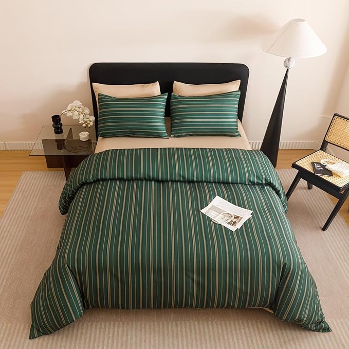 Luxlovery Striped Comforter Set King Men Dark Green Bedding Set Geometric Modern Stripe Pattern Blanket Quilts Durable Lightweight All Season 3PCS Comforter Set King Bed