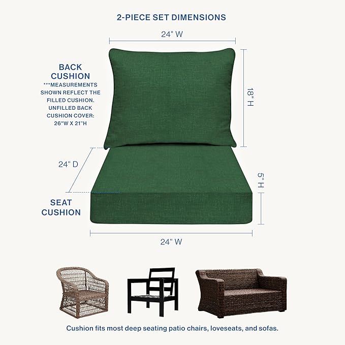 Honeycomb Outdoor Essentials Deep Seat, 24 x 24, Hampton Texture Hunter Chair Cushion for Patio Furniture